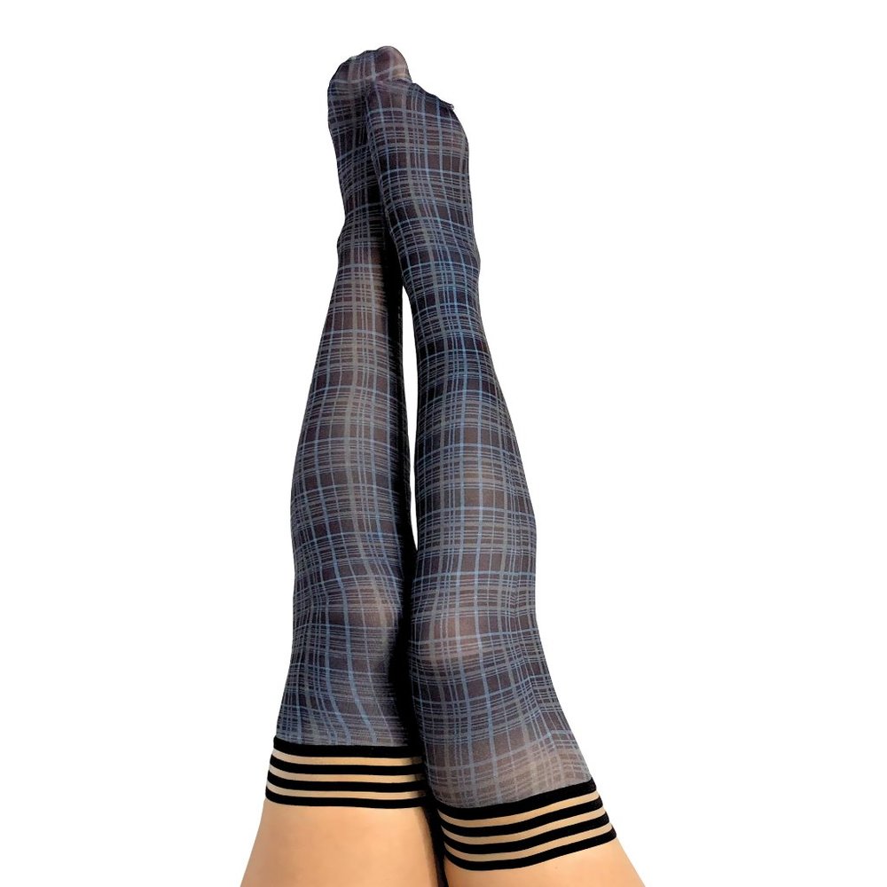 Kixies Navy blue plaid Thigh High Stockings No Slip Grips Size A